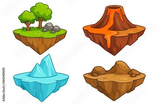 Isometric floating islands game assets set with volcano, ice, desert, and jungle environments
