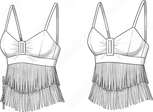 Elegant vector illustration of women’s fringe crop tops featuring decorative front hardware, layered tassel details, stylish straps, and modern fashion garment design.