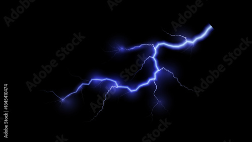 A vibrant blue lightning strike illuminating the dark night sky