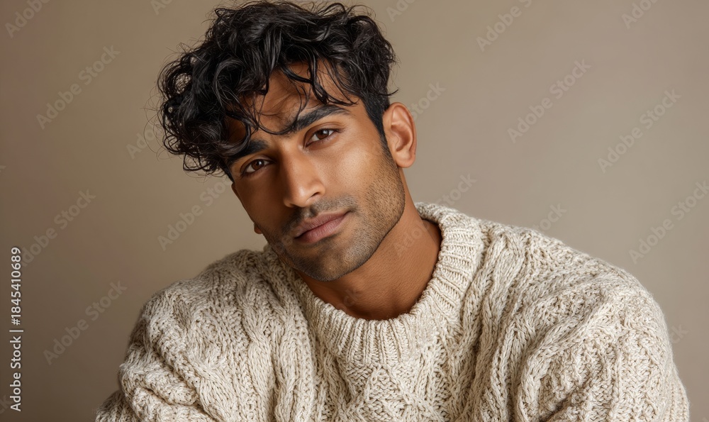 Obraz premium A man with dark hair and a beard is wearing a white sweater