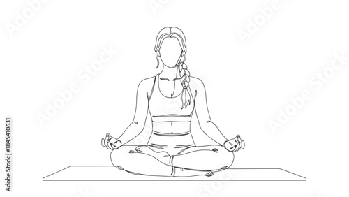 A line drawing of a woman meditating in a lotus position on a yoga mat.