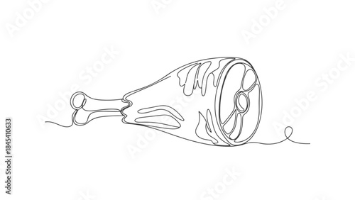 A minimalist continuous line drawing of a raw ham hock with bone, showcasing its texture and shape.