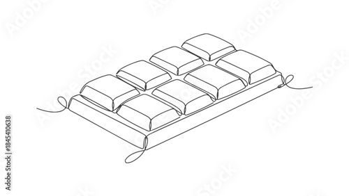 A detailed line drawing of a chocolate bar with eight individual squares, presented in an isometric view with ties on each side.