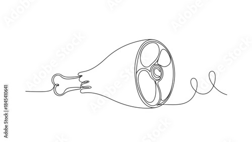 A minimalist continuous line drawing of a cooked ham hock with a bone and a spiral tail.