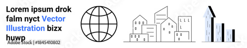 Global development, economic growth, urban planning, technology, international trade, design . A globe, buildings and a bar chart. Global development and economic growth concept