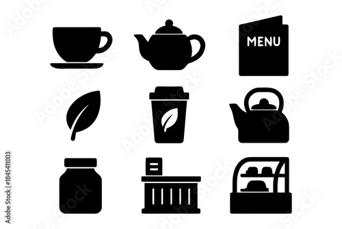 Collection of black vector icons for tea shop