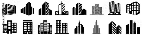 Collection of building icons with various architectural designs