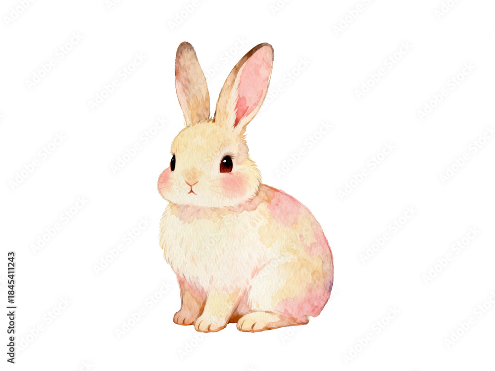 Obraz premium Sweet Bunny: An adorable, watercolor-style illustration of a fluffy, light-colored bunny with pink accents. The rabbit sits attentively, evoking a sense of calm and gentleness.
