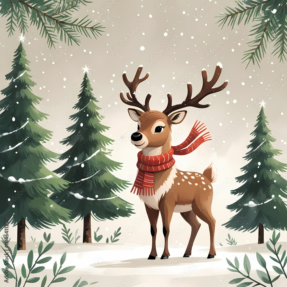 Fototapeta premium Cute Baby Reindeer in Snowy Winter Forest, Whimsical Christmas Illustration with Pastel Colors, Cozy Holiday Cartoon Deer for Kids, Greeting Cards, and Festive Designs