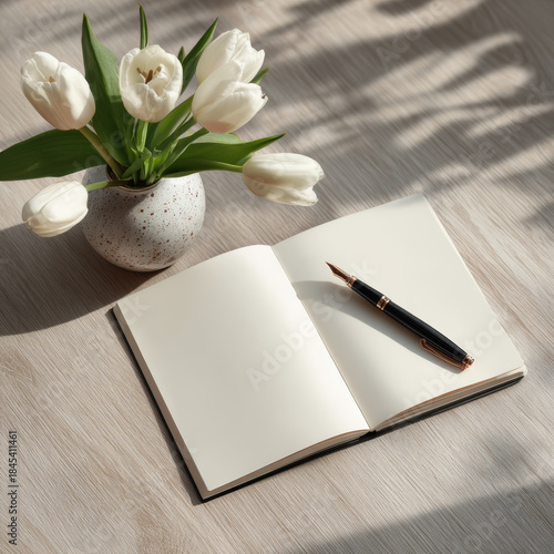 Overhead Flat Lay of a Minimalist Creative Desk Arrangement with Laptop and Flowers