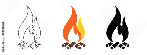 A stylized campfire illustration with logs and colorful flames in red, orange, and yellow shades, in a clean vector design.