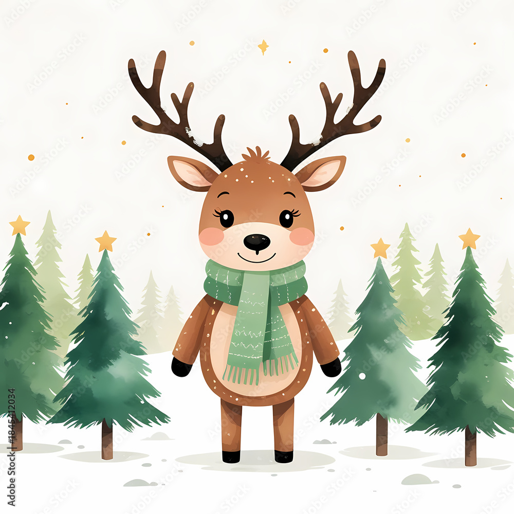Fototapeta premium Cute Baby Reindeer in Snowy Winter Forest, Whimsical Christmas Illustration with Pastel Colors, Cozy Holiday Cartoon Deer for Kids, Greeting Cards, and Festive Designs
