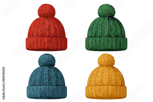 Four colorful knitted winter hats with pom-poms isolated on a white background