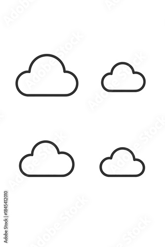 Set of four simple outline cloud icons representing weather and digital storage concepts