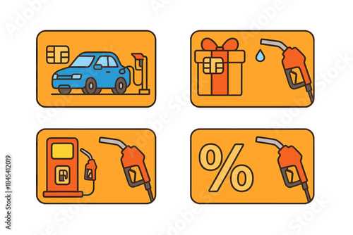 Fuel station services, car refueling, gift cards, and loyalty discounts icons