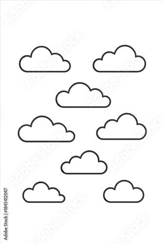 Set of simple black outline fluffy cloud icons on a white background