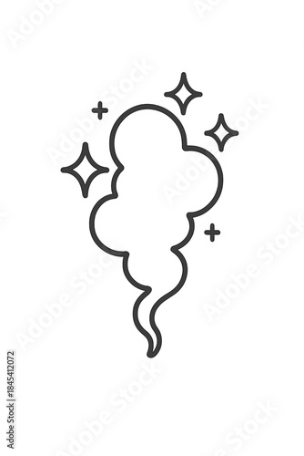 Minimalist black and white cloud shape representing fresh air, vapor, or clean scent with surrounding sparkle effects