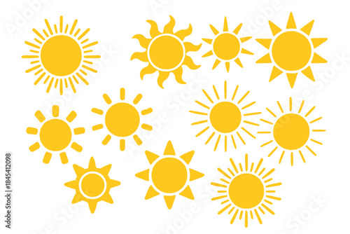 Diverse collection of stylized yellow sun symbols representing weather, summer, and solar power
