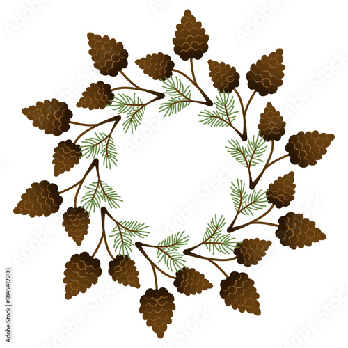 Christmas round wreath. Green New Year's frame decorated with fir branches and pine cones.