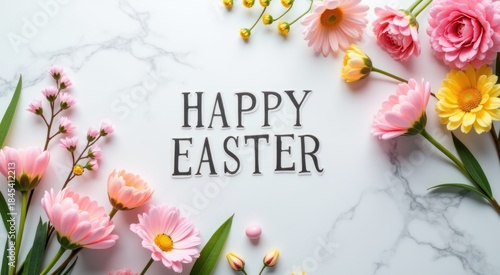 Flowers and a sign that says happy easter on a marble surface