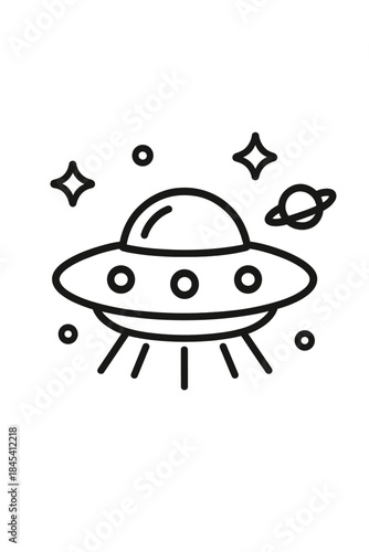 Unidentified flying object line icon hovering near a ringed planet in space