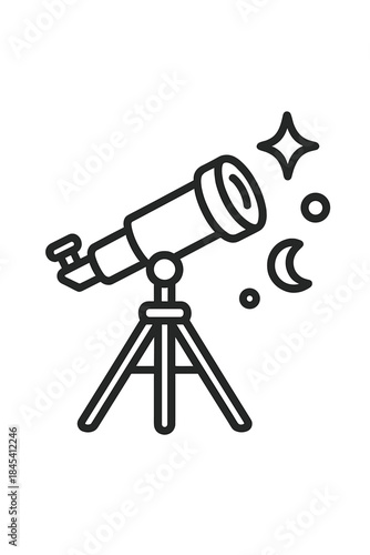 Astronomical telescope on a tripod observing stars and the crescent moon