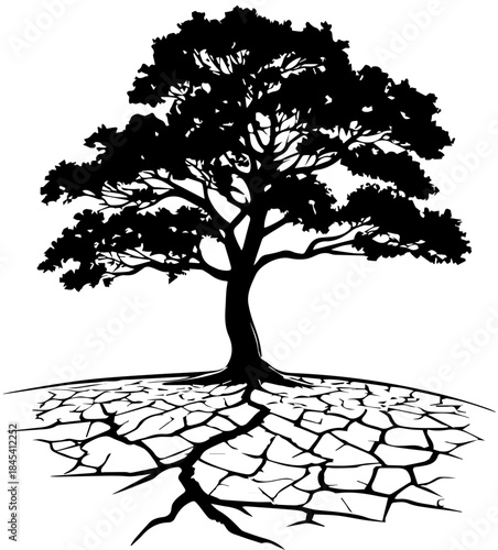 Tree on Dry Cracked Ground – Resilience and Survival Silhouette