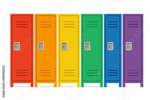 Six brightly colored metal storage lockers lined up in a row against a white background