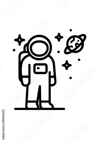 Minimalist outline of an astronaut in a spacesuit standing near a ringed planet