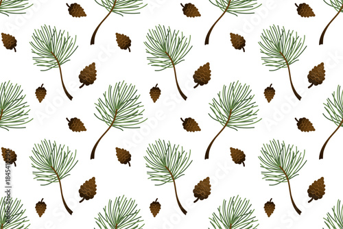 Seamless pattern of fir branches and pine cones. Colorful ornament featuring evergreens.