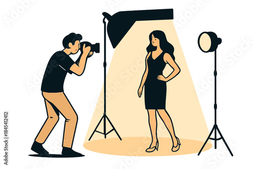 Studio photoshoot setup with a photographer capturing a female model posing in a black dress under bright spotlights