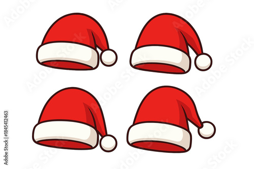 Four classic red Santa hats with white fluffy trim and pom poms for winter holidays