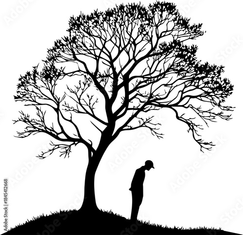Silhouette of Person Under Tree – Black and White Contemplative Scene