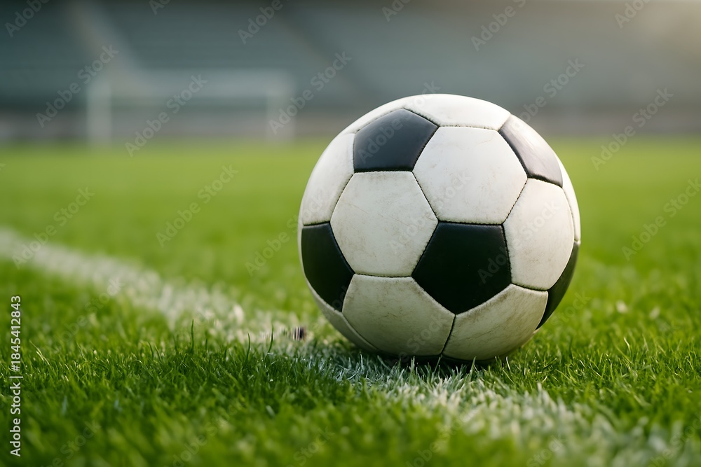Fototapeta premium Classic soccer ball on green grass field close up