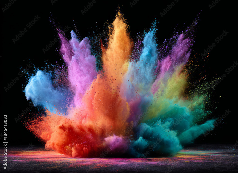 Fototapeta premium Colorful powder explosion, vibrant cloud, black background, dramatic burst