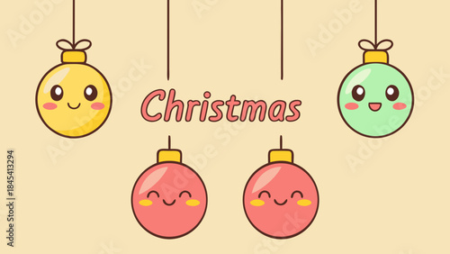 Christmas Ornament Delight: Animated Christmas ornaments, each adorned with a sweet expression, and the word Christmas, create a heartwarming holiday atmosphere. 