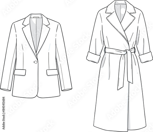 Elegant women’s blazer and long belted trench coat fashion vector illustration showcasing detailed outerwear design templates for apparel sketch and styling projects