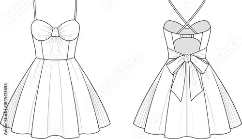Elegant women dress technical fashion illustration with front and back views, sleeveless bow detail design, isolated black line vector