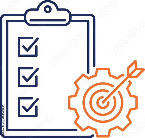3. Graphic element depicting quality assurance and setting objectives, showing a successful plan checked off alongside a mechanism for streamlined workflow and precision targeting.
