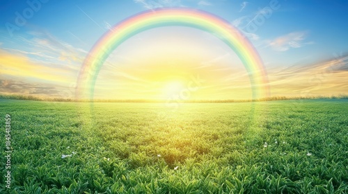 Stunning Full Arc Rainbow Over a Bright Sunny Green Field