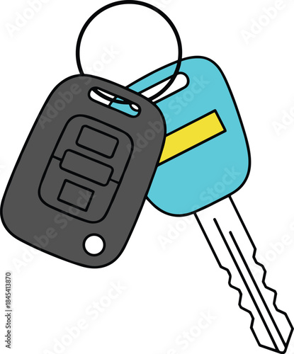  Illustration of automotive technology and property access, showing a combination of a traditional metal ignition key and a digital locking device on a metal keyring.