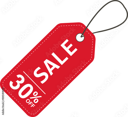 Sale label. Red price tag with a 30% discount. Sale symbol. To attract customer attention. Promotions and discounts. Cheaper than the regular price. Great buy. Special price offer.