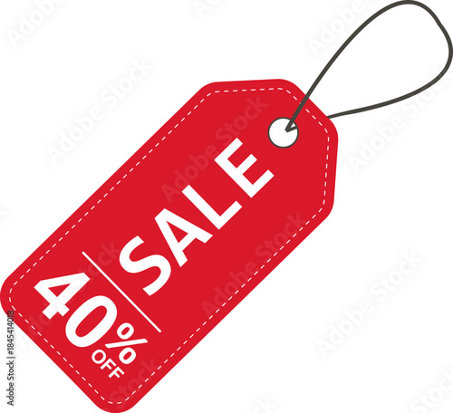 Sale label. Red price tag with a 40% discount. Sale symbol. To attract customer attention. Promotions and discounts. Cheaper than the regular price. Great buy. Special price offer.