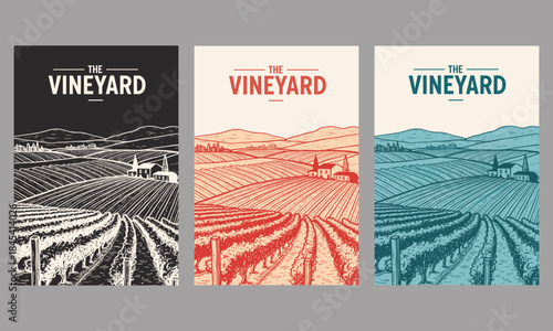 Elegant vintage engraved poster set showing vast vineyard rows stretching across rolling hills toward a rustic winery estate.