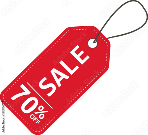 Sale label. Red price tag with a 70% discount. Sale symbol. To attract customer attention. Promotions and discounts. Cheaper than the regular price. Great buy. Special price offer.