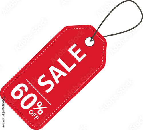 Sale label. Red price tag with a 60% discount. Sale symbol. To attract customer attention. Promotions and discounts. Cheaper than the regular price. Great buy. Special price offer.