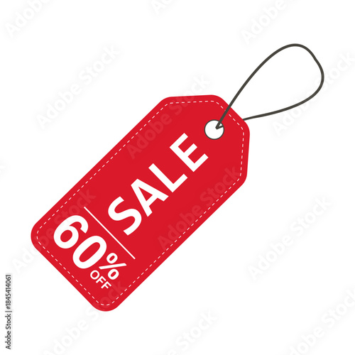 Sale label. Red price tag with a 60% discount. Sale symbol. To attract customer attention. Promotions and discounts. Cheaper than the regular price. Great buy. Special price offer.
