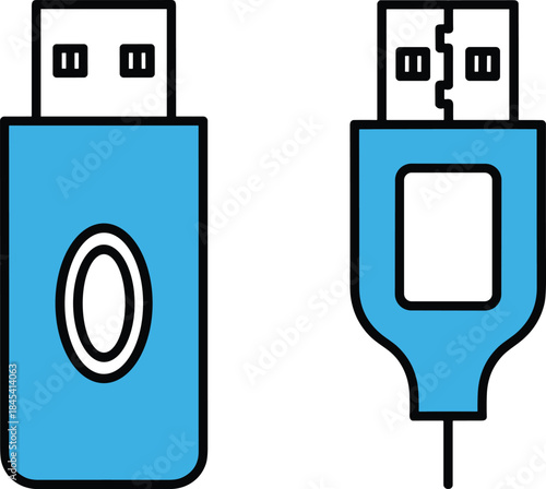 3. Modern graphic representing portable digital media and charging capability, including a solid blue flash disk and the outline of a universal serial bus plug for PC accessories.