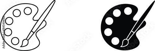 2. Minimalist black and white symbols showcasing the concept of painting, featuring a round palette with wells for pigments and a detailed brush ready for use on a canvas.