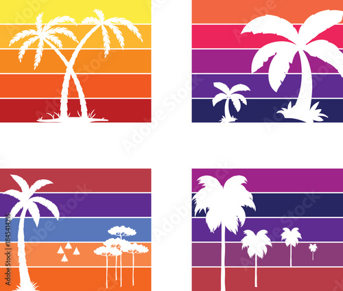 Vibrant retro summer sunset illustrations featuring white palm tree silhouettes against stylized gradient backgrounds, evoking a tropical vintage beach vacation atmosphere